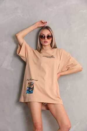 ModaSize Unisex Bisiklet Yaka Baskılı Oversize T-Shirt - Bej