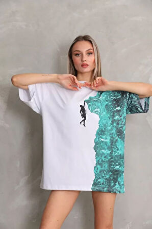 ModaSize Unisex Bisiklet Yaka Baskılı Oversize T-Shirt - Beyaz