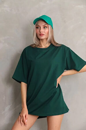 ModaSize Unisex Bisiklet Yaka 20/1 Düz Oversize T-Shirt - Yeşil