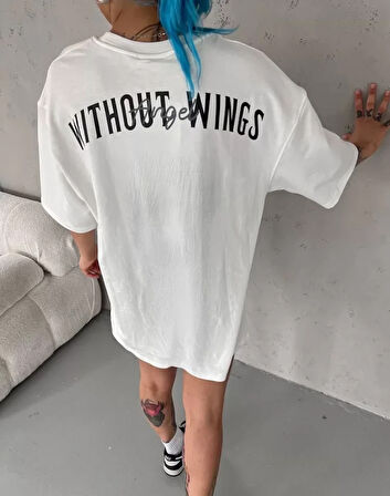 ModaSize Unisex Bisiklet Yaka Baskılı Oversize T-Shirt - Beyaz