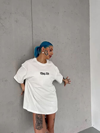 ModaSize Unisex Bisiklet Yaka Baskılı Oversize T-Shirt - Beyaz