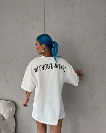 ModaSize Unisex Bisiklet Yaka Baskılı Oversize T-Shirt - Beyaz