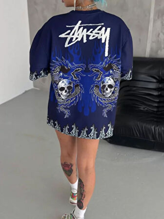 ModaSize Unisex Bisiklet Yaka Baskılı Oversize T-Shirt - Lacivert