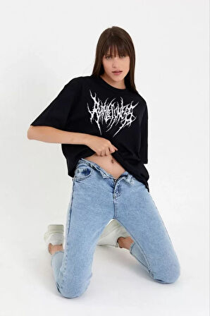 ModaSize Unisex Bisiklet Yaka Baskılı Oversize T-Shirt - Siyah