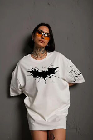ModaSize Unisex Ön Ve Kol Baskılı Oversize T-shirt - Beyaz