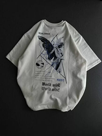 ModaSize Unisex Bisiklet Yaka Baskılı Oversize T-Shirt - Beyaz