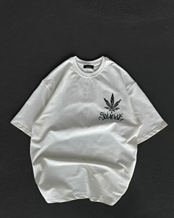 ModaSize Unisex Bisiklet Yaka Baskılı Oversize T-Shirt - Beyaz