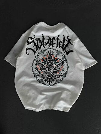 ModaSize Unisex Bisiklet Yaka Baskılı Oversize T-Shirt - Beyaz