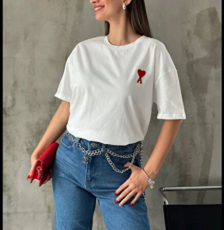 ModaSize Unisex Bisiklet Yaka Baskılı Oversize T-Shirt - Beyaz