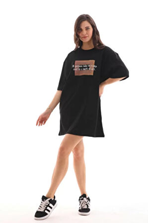 ModaSize Unisex Bisiklet Yaka Baskılı Oversize T-Shirt - Siyah