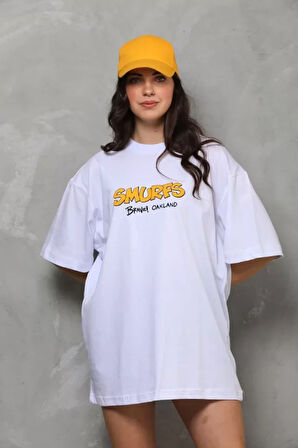 ModaSize Unisex Bisiklet Yaka Baskılı Oversize T-Shirt - Beyaz