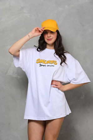 ModaSize Unisex Bisiklet Yaka Baskılı Oversize T-Shirt - Beyaz