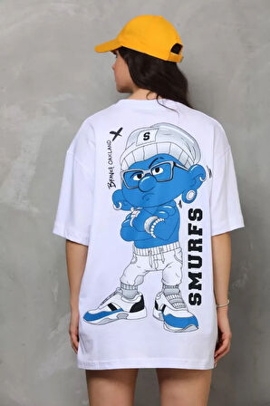 ModaSize Unisex Bisiklet Yaka Baskılı Oversize T-Shirt - Beyaz