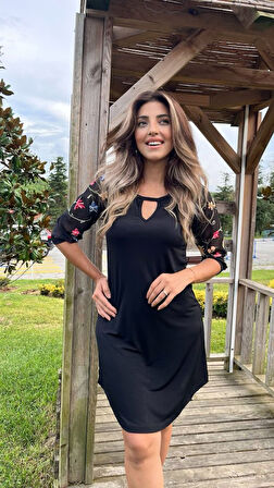 ModaSize Kadın Fakir Kol Bisiklet Yaka çiçek Desen Sandy Salaş Kısa Elbise