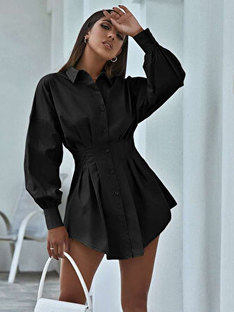 ModaSize Kadın Pamuk Polyester Kumaş Belden Pileli Gömlek Elbise