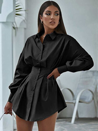 ModaSize Kadın Pamuk Polyester Kumaş Belden Pileli Gömlek Elbise