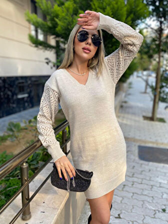 ModaSize Kadın Uzun Kollu V Yakalı Mini Triko Elbise
