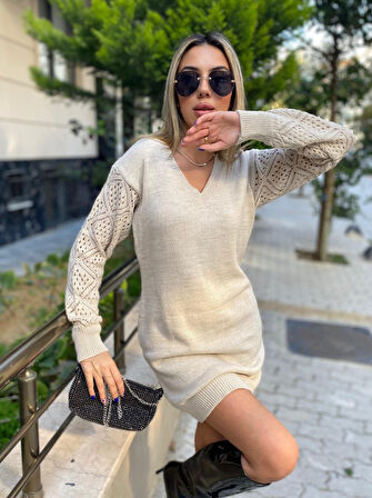 ModaSize Kadın Uzun Kollu V Yakalı Mini Triko Elbise