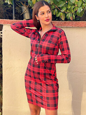 ModaSize Kadın Uzun Kollu Fermuarlı Ekose Baskılı Dalgıç Elbise