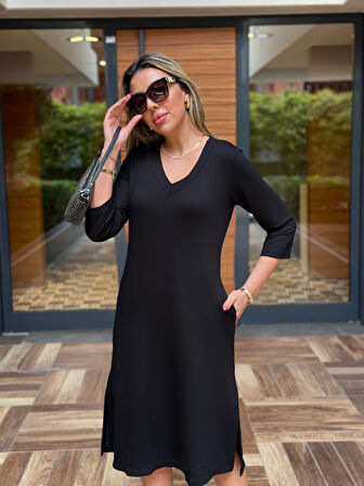 ModaSize Kadın Uzun Kollu V Yakalı Yanlardan Yırtmaçlı Viskon Iki Iplik Midi Elbise