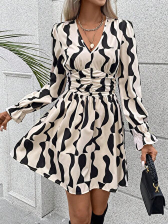 ModaSize Kadın Uzun Kollu Beli Büzgü Detaylı Kolları Lastikli Dalgıç Midi Elbise