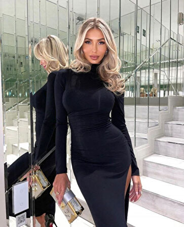 ModaSize Kadın Balıkçı Yaka Altın Toka Detay Srıt Ve Bacak Dekolteli Maxi Boy Elbise