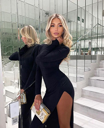 ModaSize Kadın Balıkçı Yaka Altın Toka Detay Srıt Ve Bacak Dekolteli Maxi Boy Elbise