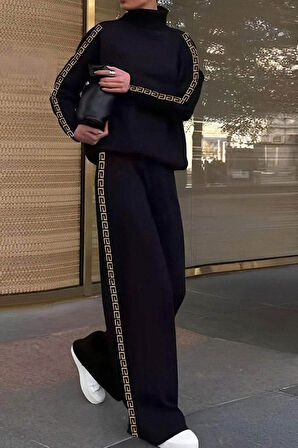 ModaSize Kadın Uzun Kollu Balıkçı Yaka Yanlardan şerit Detaylı şardonlu Dalgıç Ve Pantolon Ikili Takım