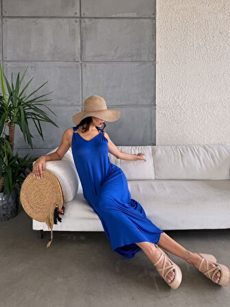 ModaSize Kadın çan Dokuma Kumaş V Yaka Asimetrik Kesim Elbise