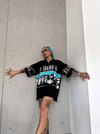ModaSize Unisex Baskılı Yarım Fermuarlı T-Shirt - Siyah