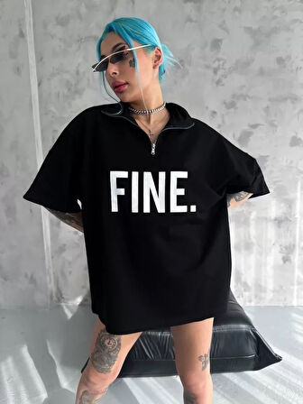 ModaSize Unisex Baskılı Yarım Fermuarlı T-Shirt - Siyah