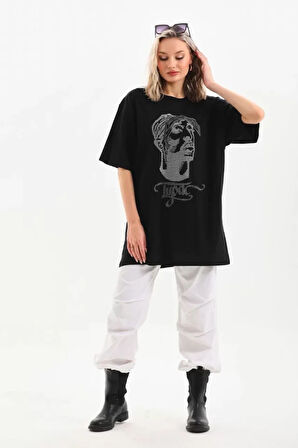 ModaSize Unisex Taş Desenli Oversize T-Shirt - Siyah