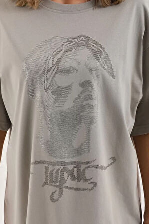 ModaSize Unisex Taş Desenli Oversize T-Shirt - Gri