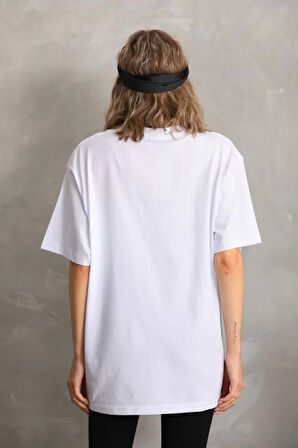 ModaSize Unisex Taş Desenli Oversize T-Shirt - Beyaz