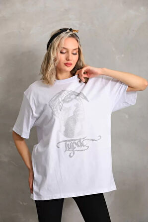 ModaSize Unisex Taş Desenli Oversize T-Shirt - Beyaz