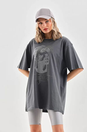 ModaSize Unisex Taş Desenli Oversize T-Shirt - Füme