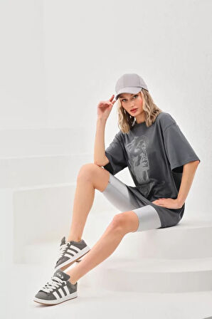 ModaSize Unisex Taş Desenli Oversize T-Shirt - Füme