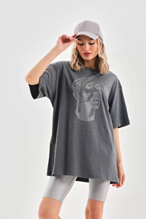 ModaSize Unisex Taş Desenli Oversize T-Shirt - Füme