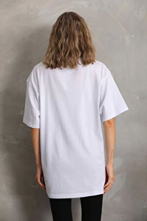 ModaSize Unisex Taş Desenli Oversize T-Shirt - Beyaz
