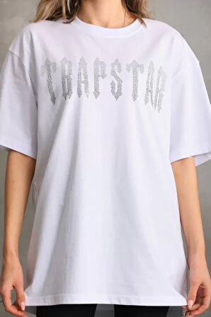 ModaSize Unisex Taş Desenli Oversize T-Shirt - Beyaz