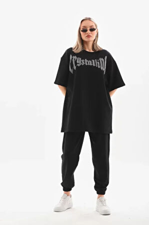 ModaSize Unisex Taş Desenli Oversize T-Shirt - Beyaz