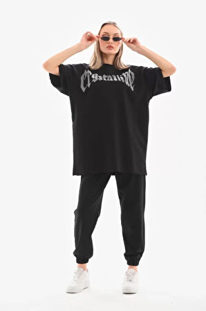 ModaSize Unisex Taş Desenli Oversize T-Shirt - Beyaz