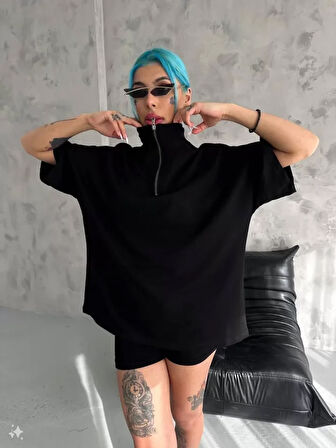 ModaSize Unisex Yarım Fermuarlı Basic T-Shirt - Siyah