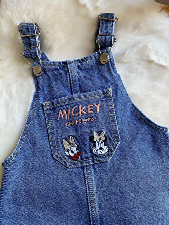 Mickey Nakışlı Kot Salopet Kız Çocuk Elbise