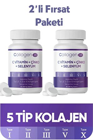 2'li Fırsat; 5 Tip Kolajen Tip 1 Tip 2 Tip 3 Tip 5 Tip 10, Selenyum , C Vitamini Ve Çinko 180 Tablet