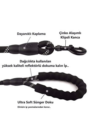 Köpekler İçin Gezdirme Tasması Reflektörlü 130 Cm Halat Orta Ve Büyük Boy Köpekler İçin Siyah