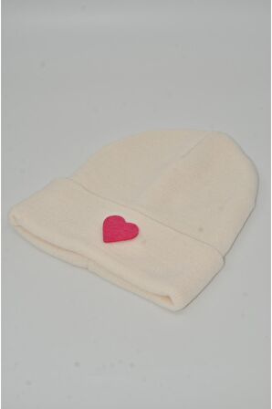 Mottomia Yılbaşı Özel Koleksiyonu Pembe Kalp Figürlü Krem/Beyaz Renk Unisex Erkek/Kadın Bere