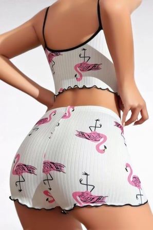 Pamuklu Beyaz Üstüne Pelikan Desen Fitilli Askılı Şortlu Pijama Takımı -MİRAYLİFE