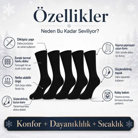 Erkek Siyah Kışlık Termal Havlu Çorap 6'lı | Dikişsiz Esnek, Sıcak Tutan, Güçlü Topuk Burun -MİRAYLİFE