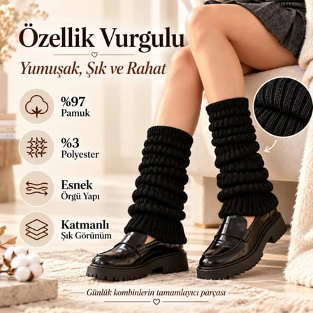 Kadın Örgü Bacak Isıtıcı Tozluk - Fitilli Örgü Seti, 3'lü Paket, Siyah -MİRAYLİFE